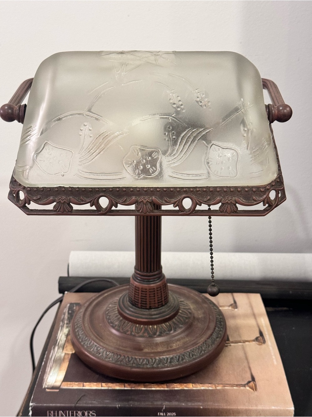 Antique Bronze Art Deco Table Lamp – Satin Glass Globe, Vintage Light /